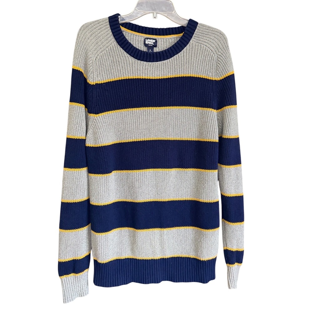 Lands End Drifter Mens Large Grey Navy Blue Yellow Striped Cotton Shaker Sweater